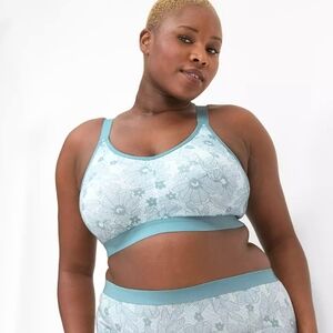 Cacique Sports Bra Wireless Soft Cup Teal & White Lace Print Plus Size 5X 50D
